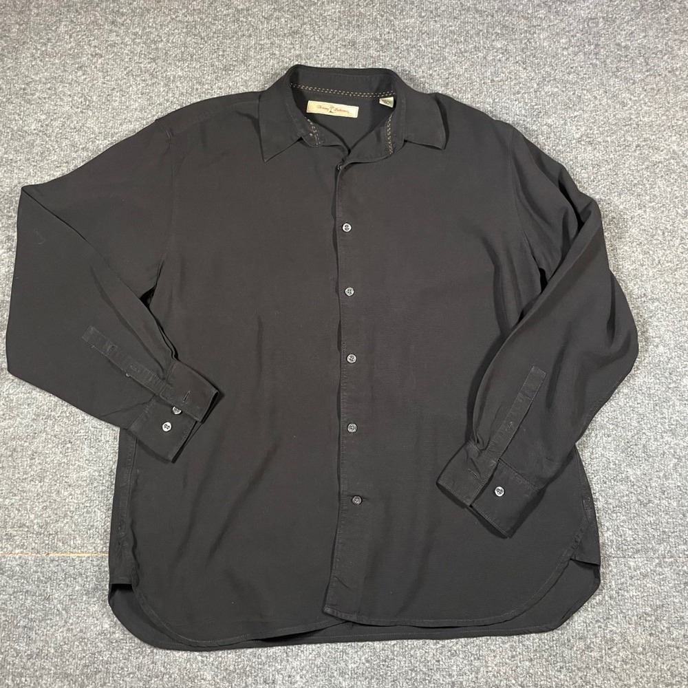Tommy Bahama Button Up Shirt Mens Large Black 100% Silk Long Sleeve Textured